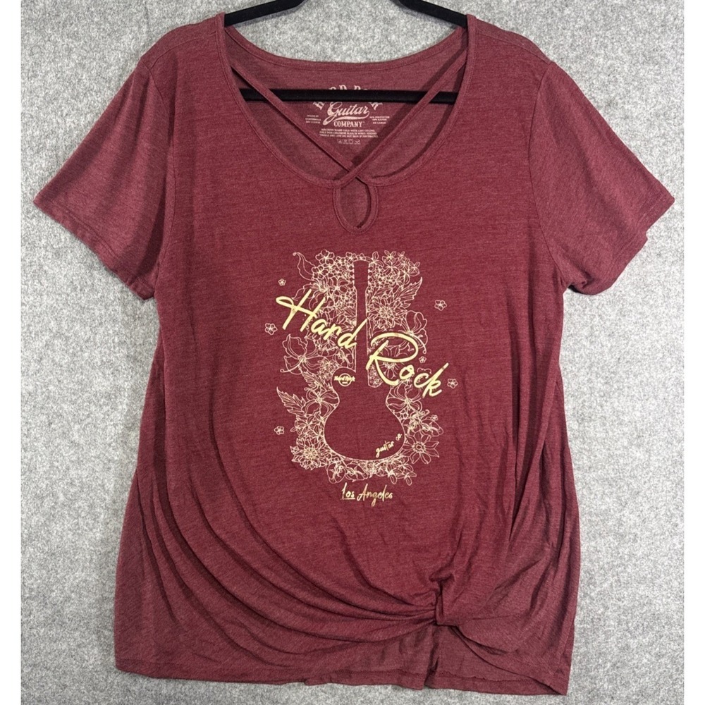 Hard Rock Guitar Company Shirt Womens XXL Burgundy LA Floral Strappy Knot Tee